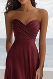 Strapless Burgundy A Line Ruched Formal Dress