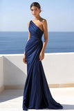 Mermaid One Shoulder Ruched Navy Formal Dress