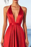 Red Halter Satin A Line Formal Dress