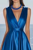 Satin Royal Blue A Line V-Neck Formal Dress