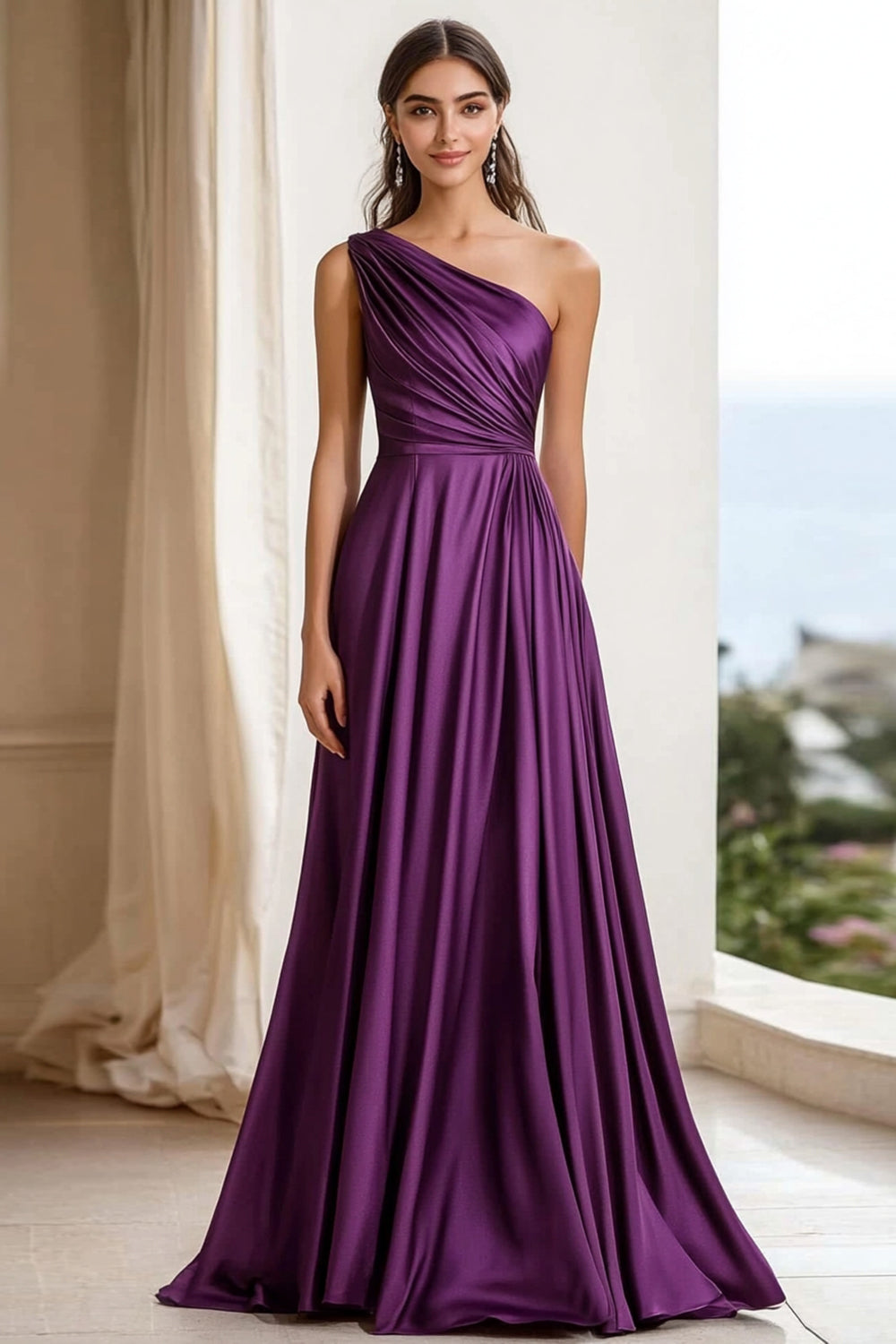 A Line One Shoulder Satin Purple Formal Dress