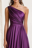 A Line One Shoulder Satin Purple Formal Dress