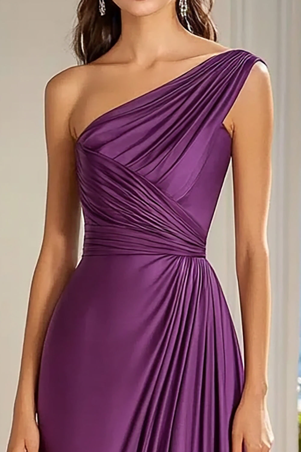 A Line One Shoulder Ruched Purple Formal Dress