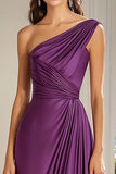 A Line One Shoulder Ruched Purple Formal Dress
