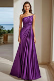 Purple A Line One Shoulder Satin Formal Dress