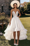 Strapless High Low White Wedding Dress with Appliques