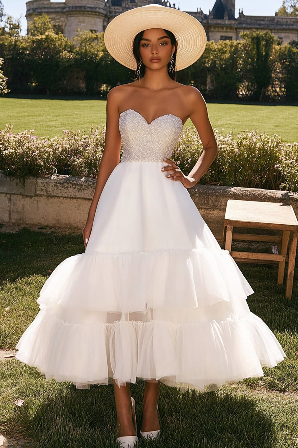 Strapless Ruffled White Wedding Dress with Beading