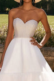 Strapless Ruffled White Wedding Dress with Beading