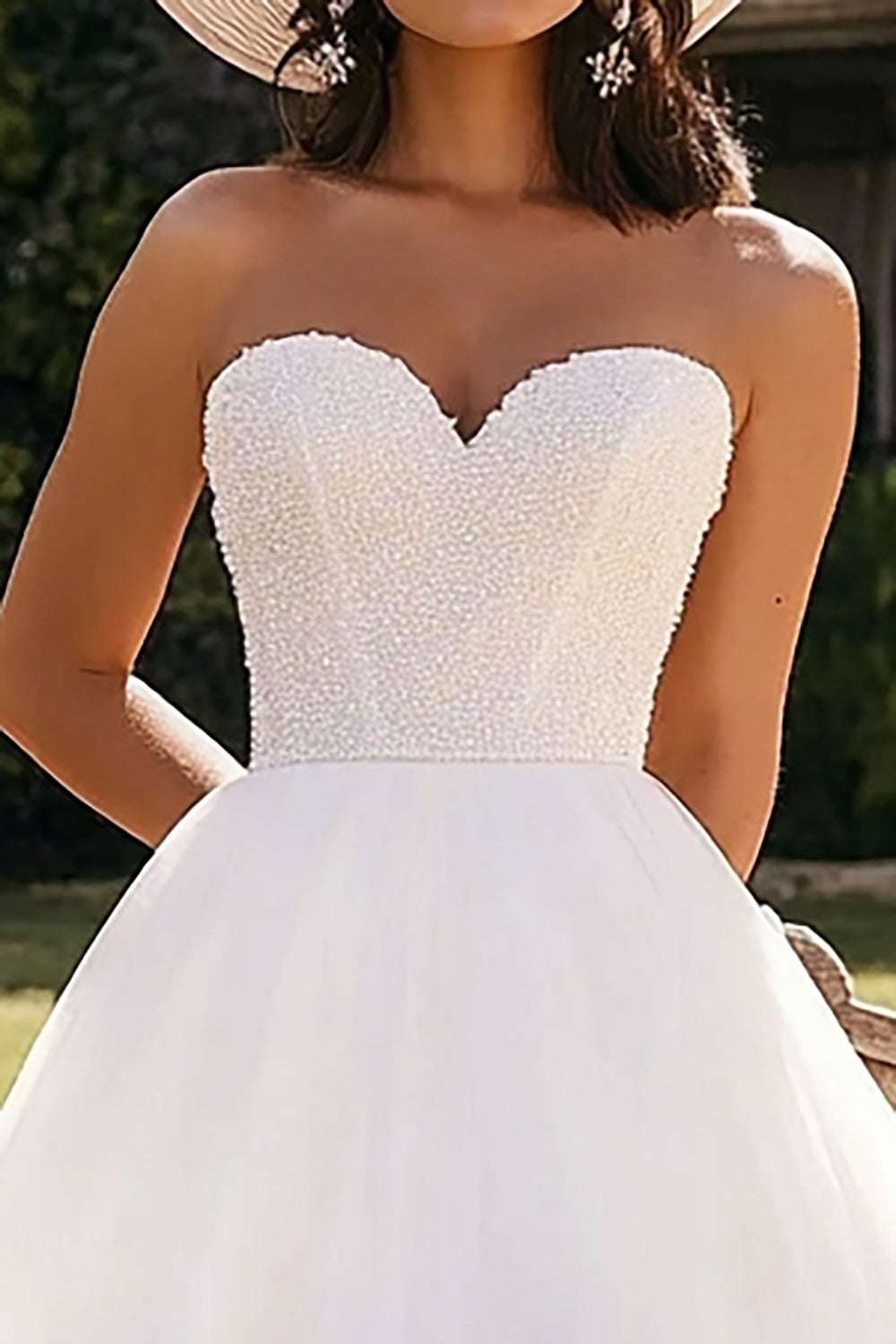 White Strapless Beaded Wedding Dress with Ruffles