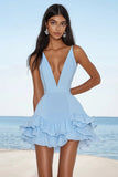 Tiered Ruffled Sky Blue V Neck Graduation Dress