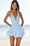 Sky Blue A Line Graduation Dress with Ruffles