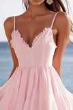 Pink Ruffled A Line Chiffon Graduation Dress