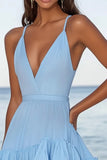 Sky Blue Chiffon Ruffled A Line V-Neck Graduation Dress