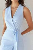 Blue Sheath Midi Work Dress with Sash