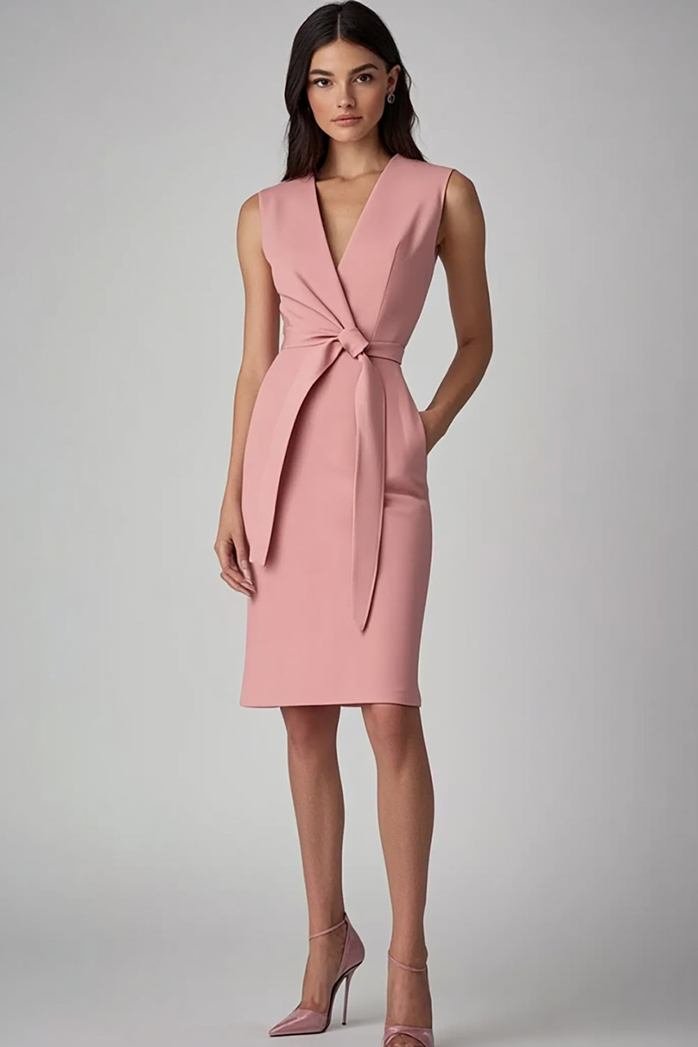 Pink V-Neck Bodycon Midi Work Dress