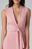 Pink Sheath V-Neck Midi Work Dress with Sash