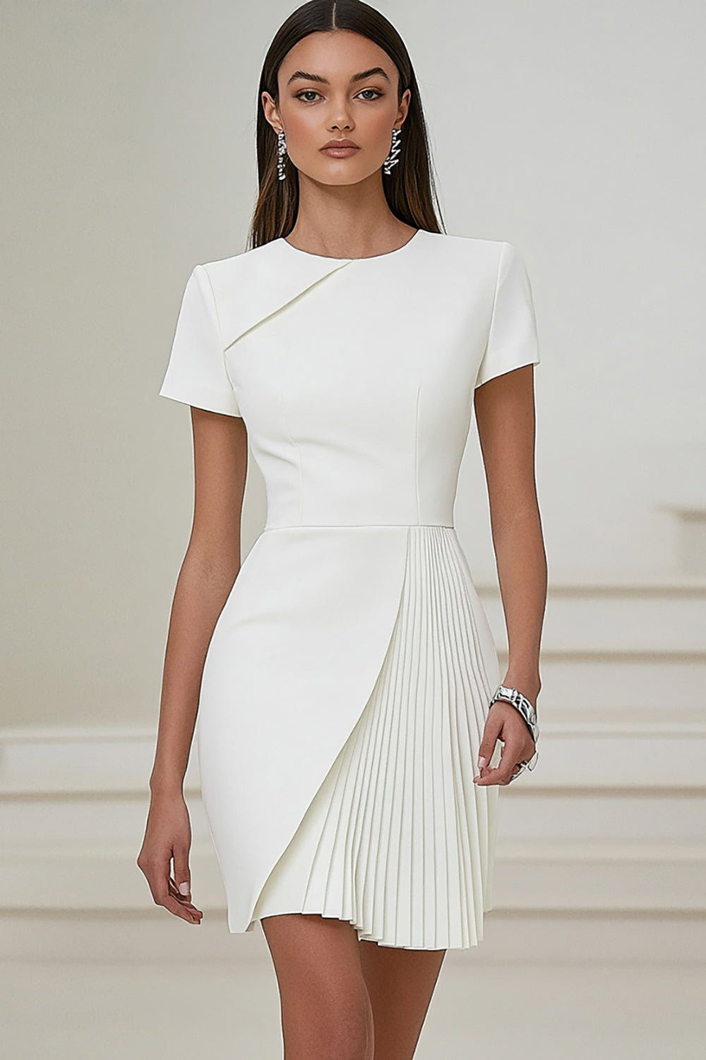 Bodycon Pleated Ivory Work Dress with Short Sleeves