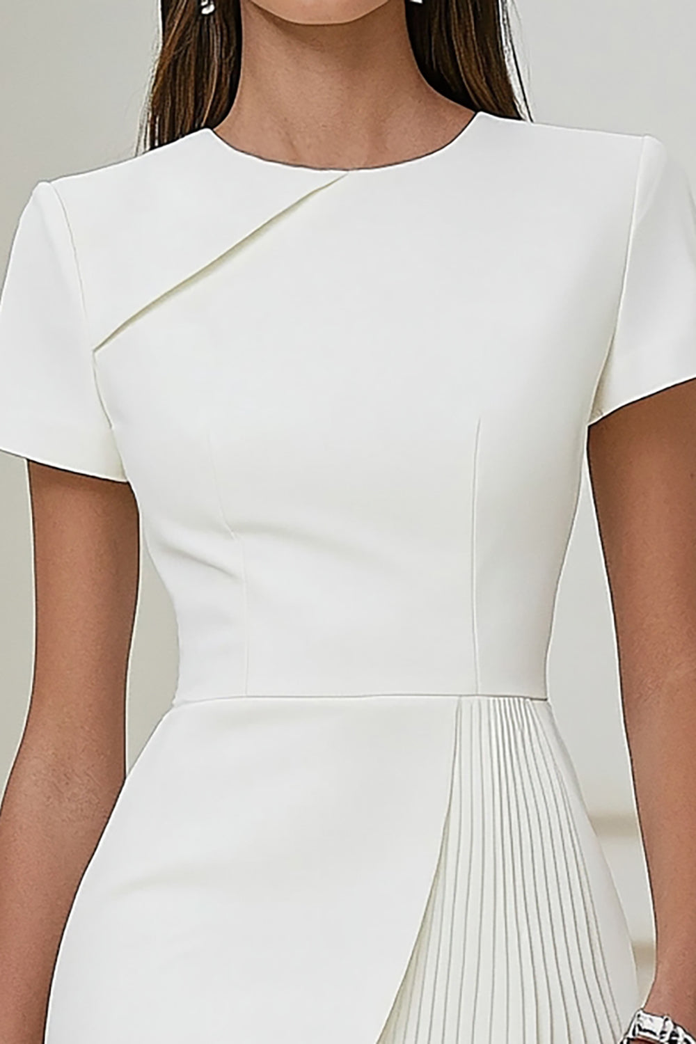 Bodycon Pleated Ivory Work Dress with Short Sleeves