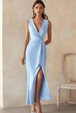 Blue Sheath V-Neck Formal Dress with Slit