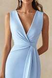 Blue Sheath V-Neck Formal Dress with Slit
