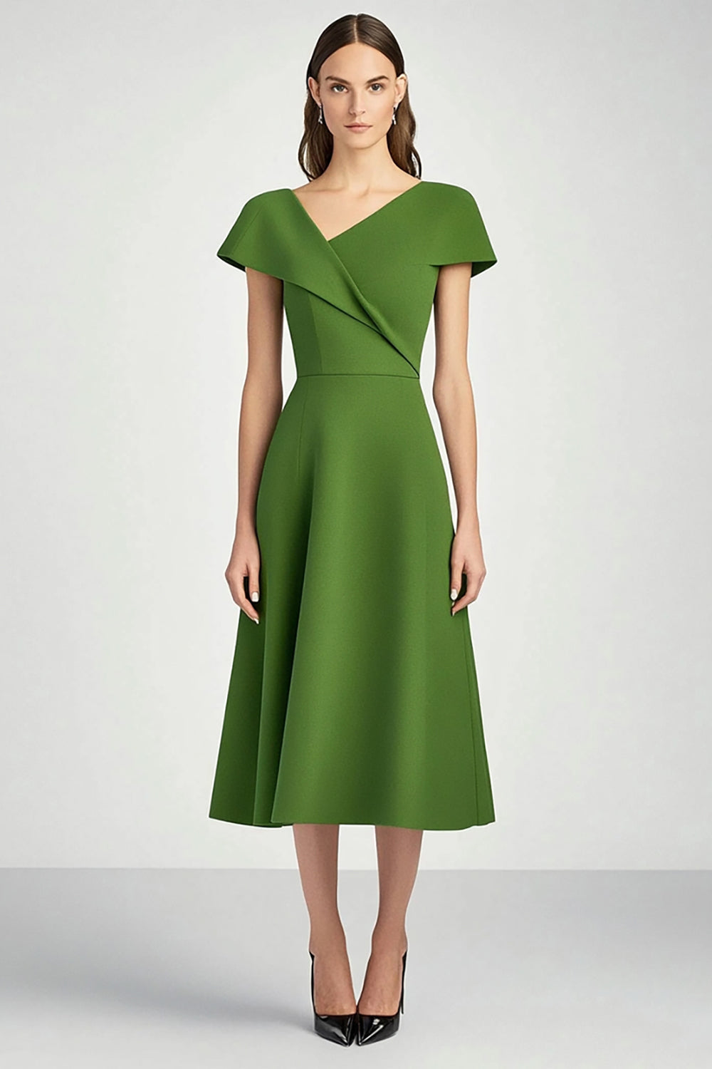 Green V-Neck A Line Midi Work Dress with Short Sleeves