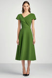 Green V-Neck A Line Midi Work Dress with Short Sleeves