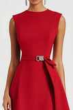 Red A Line Asymmetrical Work Dress with Belt