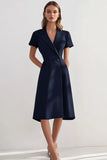Navy A Line Midi Work Dress with Short Sleeves