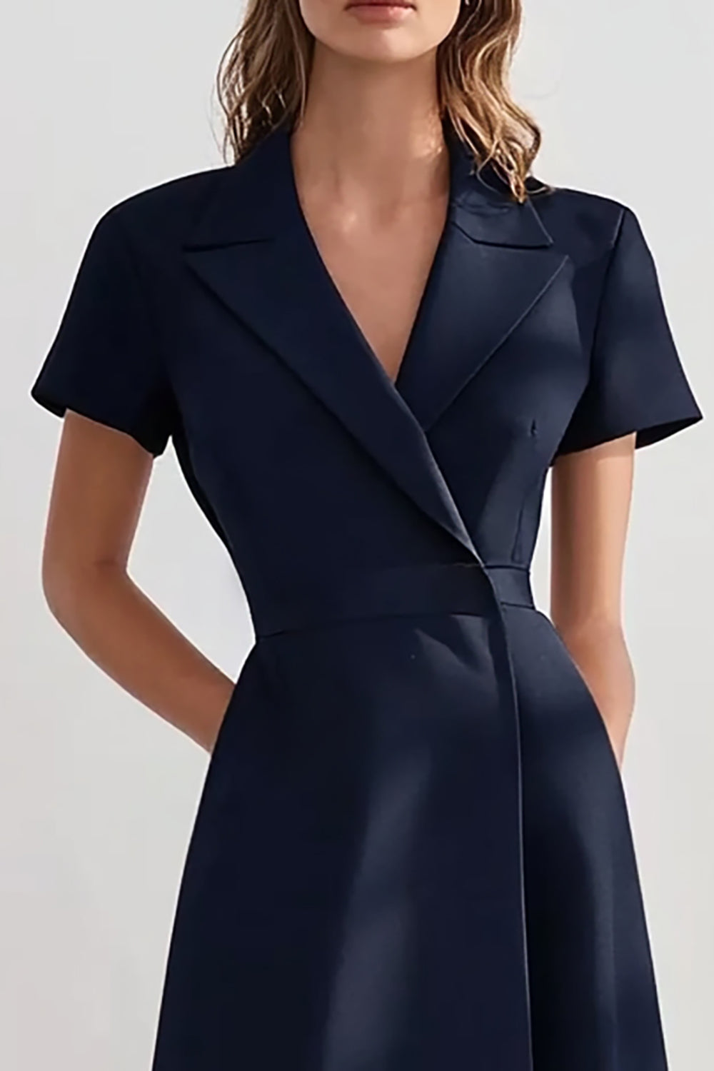 Navy A Line Midi Work Dress with Short Sleeves