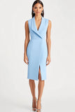 Blue Bodycon V-Neck Work Dress with Slit