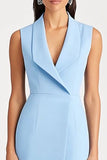 Blue Bodycon V-Neck Work Dress with Slit