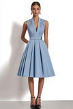 Blue Appliqued Midi Work Dress with Belt
