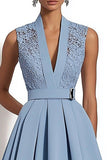 Blue Appliqued Midi Work Dress with Belt