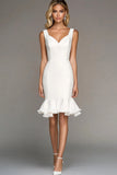 Ivory Bodycon V-Neck Ruffled Graduation Dress