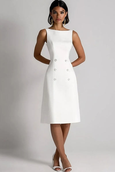 boat neck white dress Side Tie Mini Dress-White S Size recs Berylove Women Ivory A Line