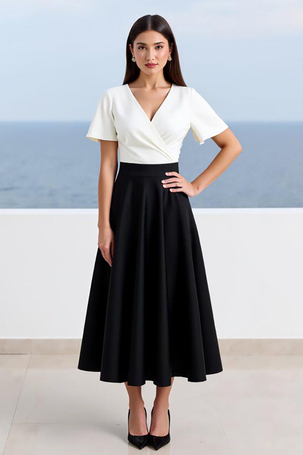 Black A Line V-Neck Midi Work Dress with Short Sleeves