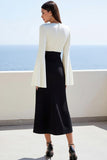 Black And Ivory A Line Midi Work Dress with Long Sleeves