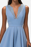 Blue A Line Midi Work Dress with Appliques