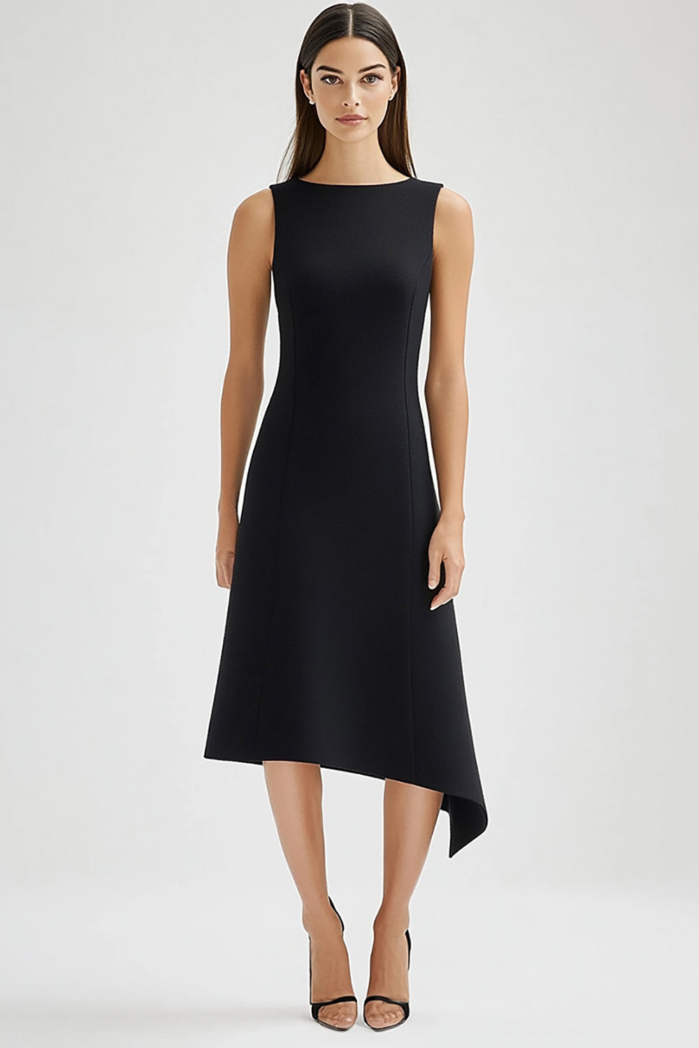 A Line Black Round Neck Asymmetrical Work Dress