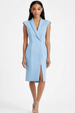 Blue Sheath V-Neck Cap Sleeve Work Dress with Slit