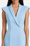 Blue Sheath V-Neck Cap Sleeve Work Dress with Slit