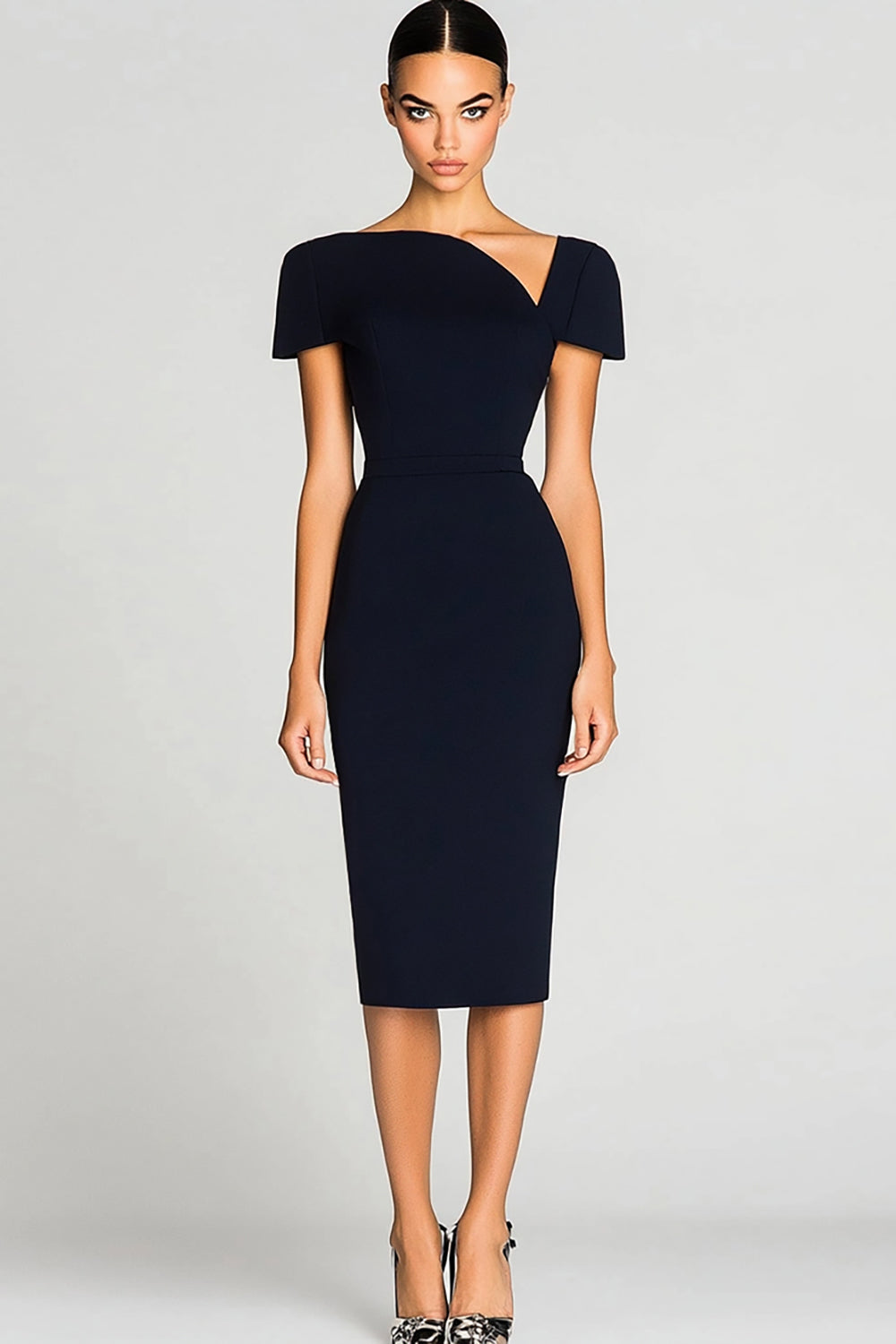 Black Bodycon Midi Work Dress with Short Sleeves