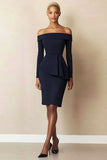 Navy Off The Shoulder Midi Work Dress with Long Sleeves