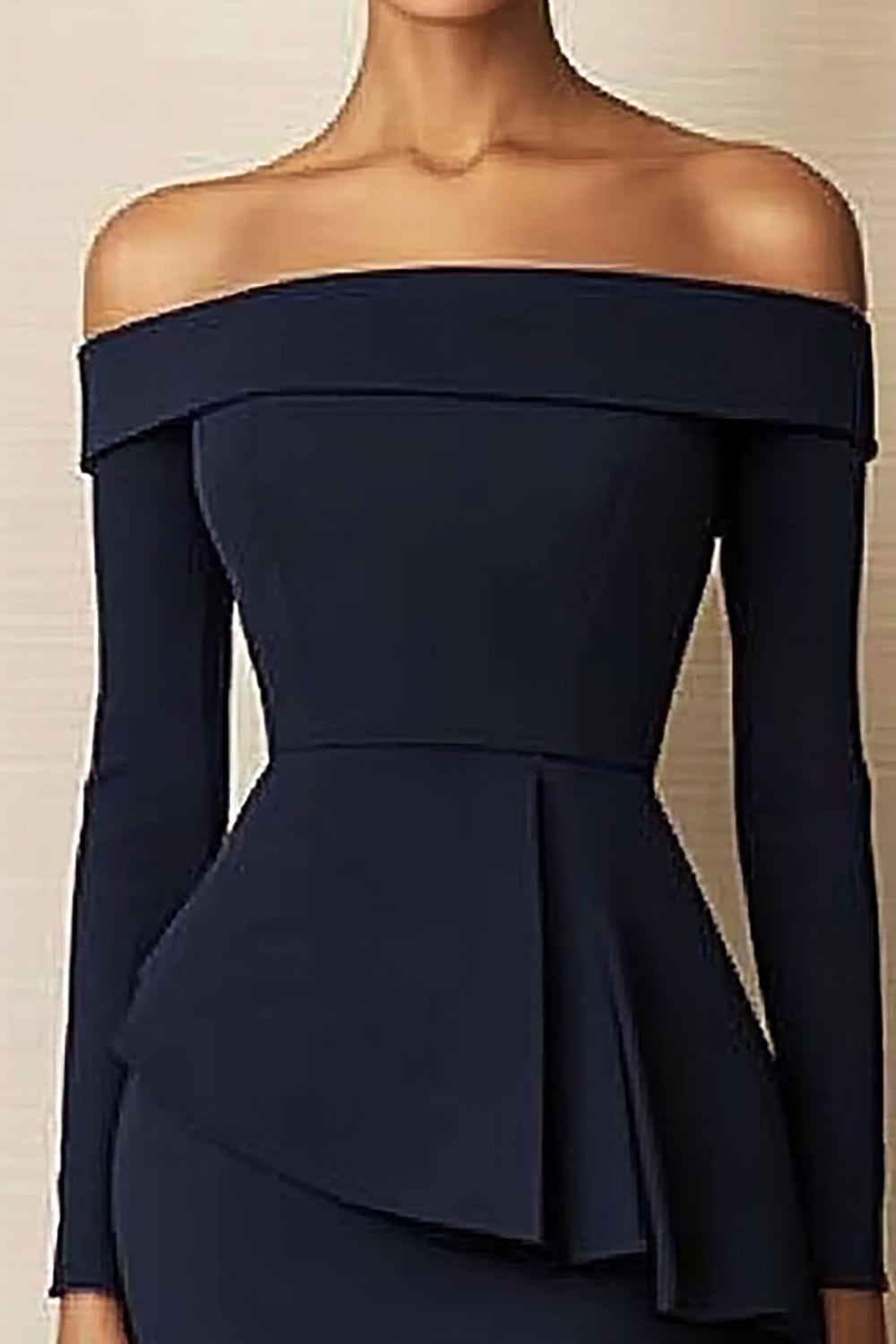 Navy Off The Shoulder Midi Work Dress with Long Sleeves