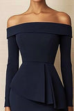 Navy Off The Shoulder Midi Work Dress with Long Sleeves