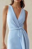 Blue Sheath Asymmetrical Wedding Guest Dress with Sash