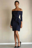Off The Shoulder Navy Ruffled Work Dress with 3/4 Sleeves