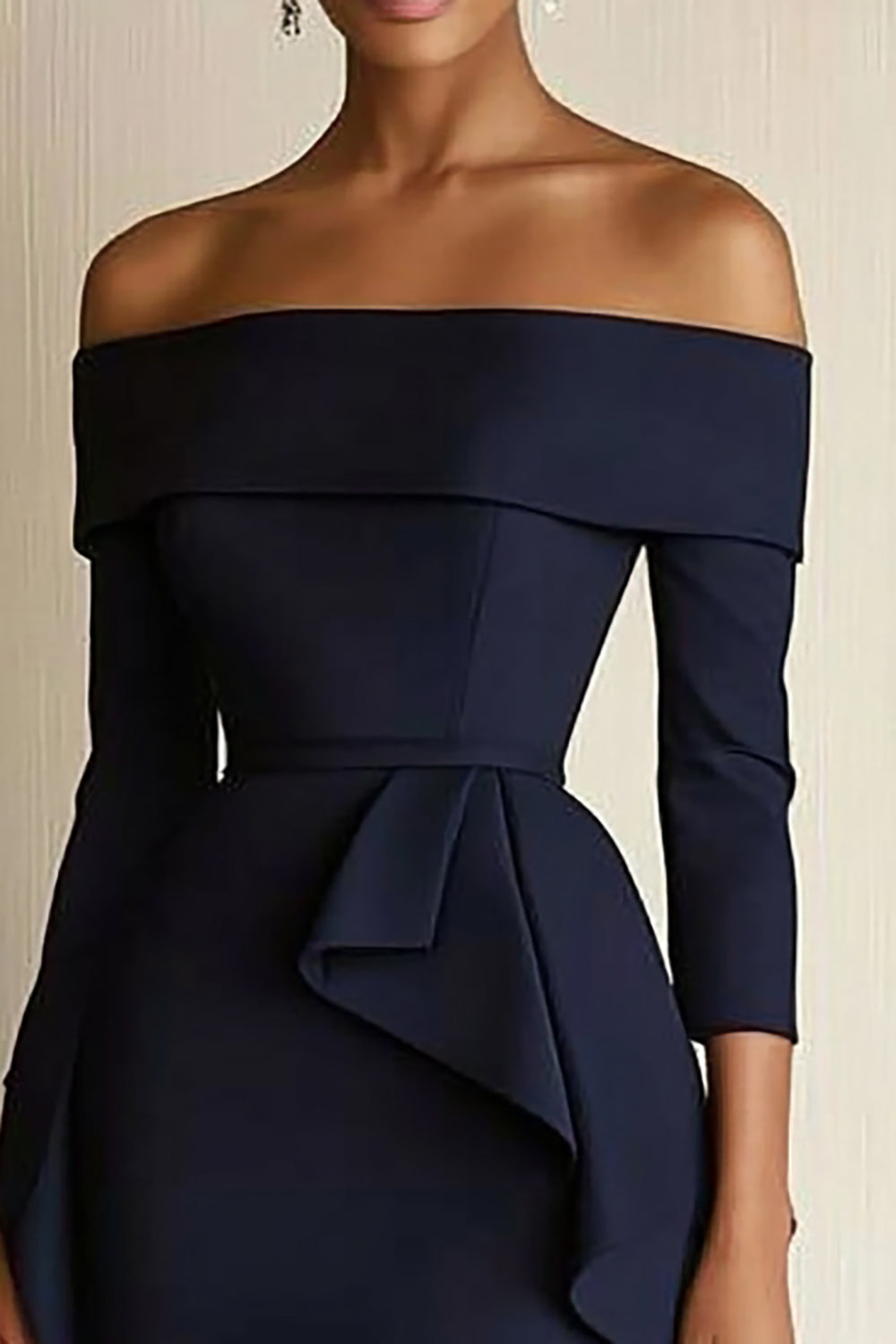 Off The Shoulder Navy Ruffled Work Dress with 3/4 Sleeves