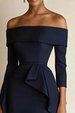 Off The Shoulder Navy Ruffled Work Dress with 3/4 Sleeves