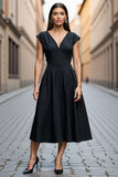 Black A Line Round Neck Midi Work Dress